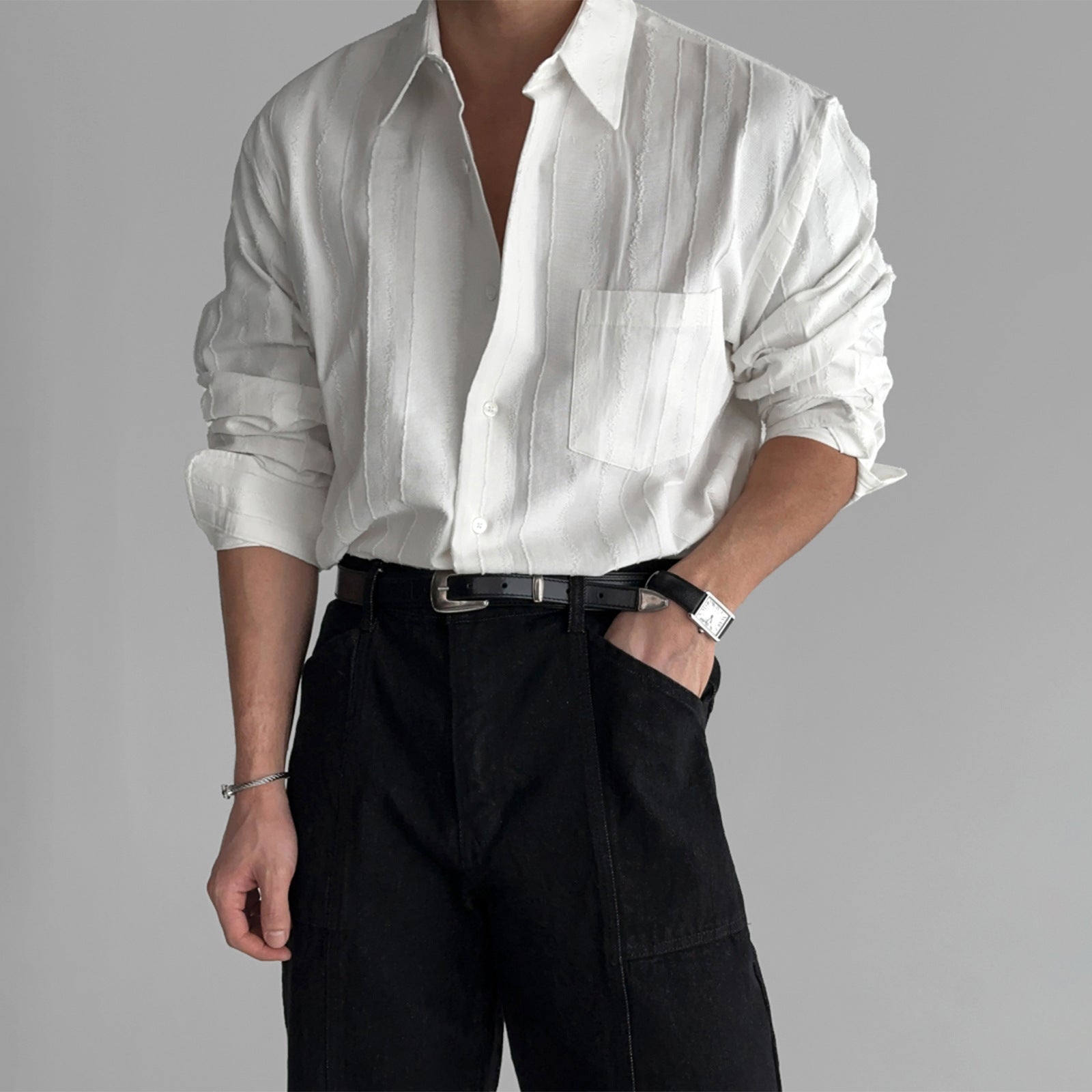 New High-end Textured Wide Solid Color Thin Pocket Long Sleeve Shirt