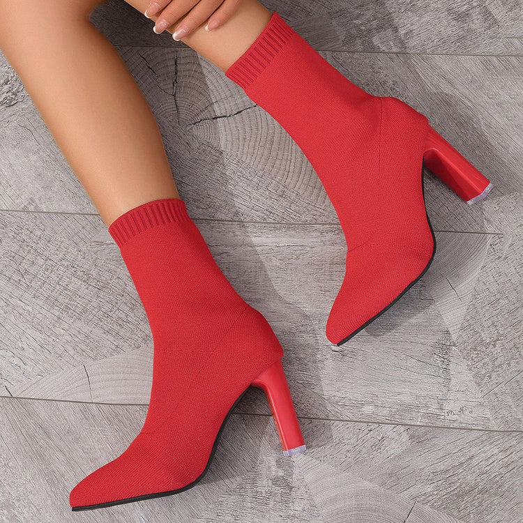 New Winter Fashion Minimalist Chunky-heeled Knitted Suede Ankle Boots With Pointed Toes For Women TRENDFLOW