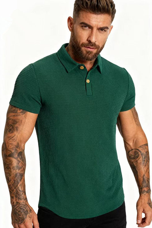 Retro Waffle Patterned Dark Green Lapel Polo Shirt - A Short-sleeved Casual Top With Breathable Texture TRENDFLOW