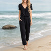 Women V Neck Wrap Short Sleeve Knit Jumpsuit With Pockets