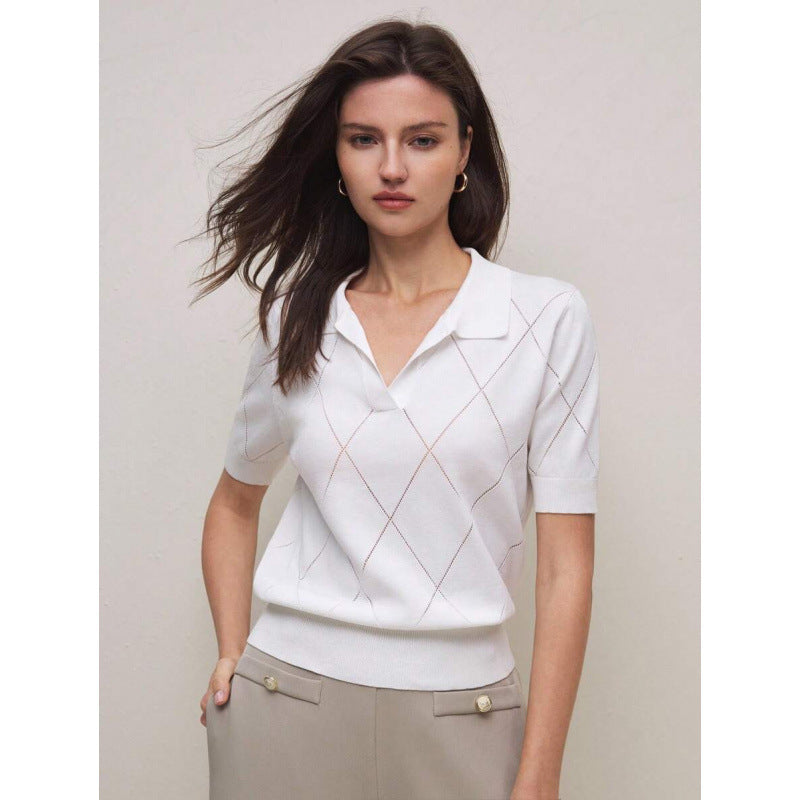 Women's Polo-Neck Diamond-Knit Short-Sleeve Pullover