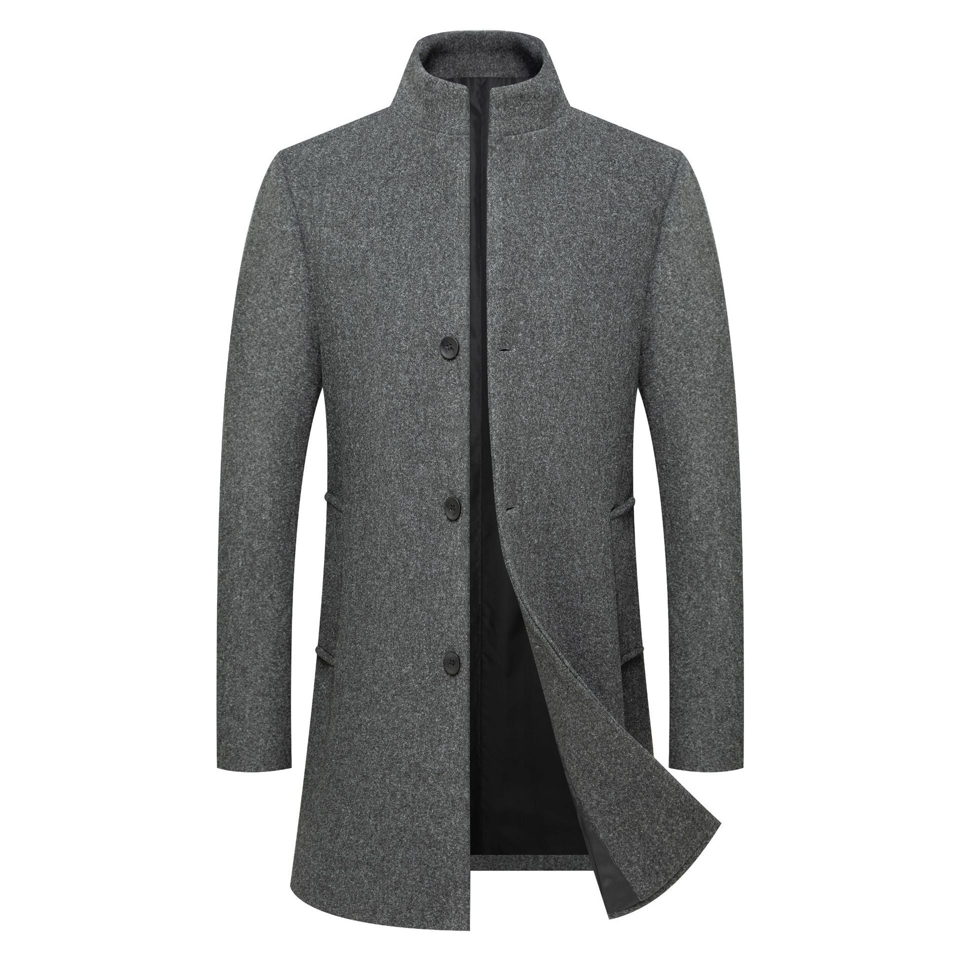 Men's Stand-collar Mid-length Solid-color Wool Coat