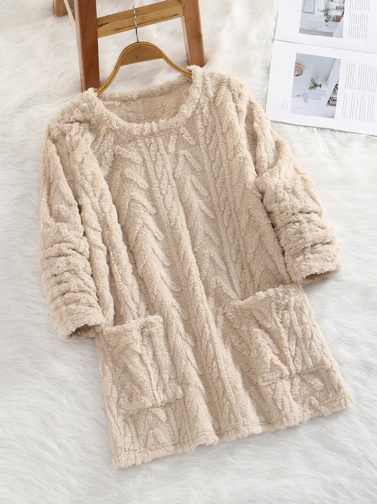 Teddy Fleece Jacquard Long-sleeve Casual Sweatshirt For Autumn And Winter Fluffy And Warm With Pocket Hood TRENDFLOW
