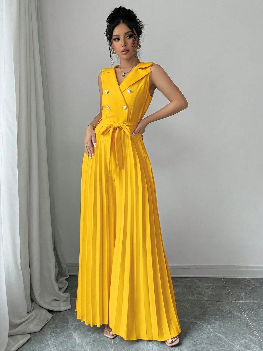 Suit Collar Bow Tie Belted Waist Pleated Jumpsuit