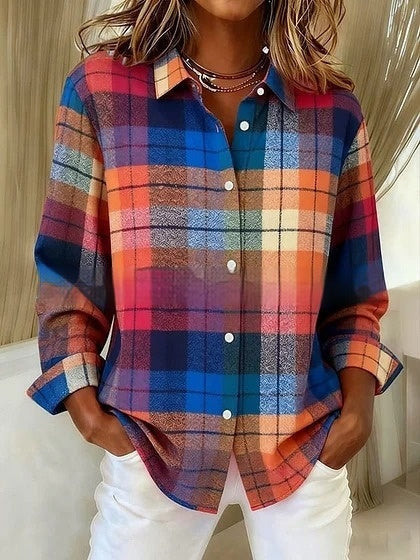 Women's Long-Sleeve Shirt Casual Loose-Fit Plus-Size Collared Blouse