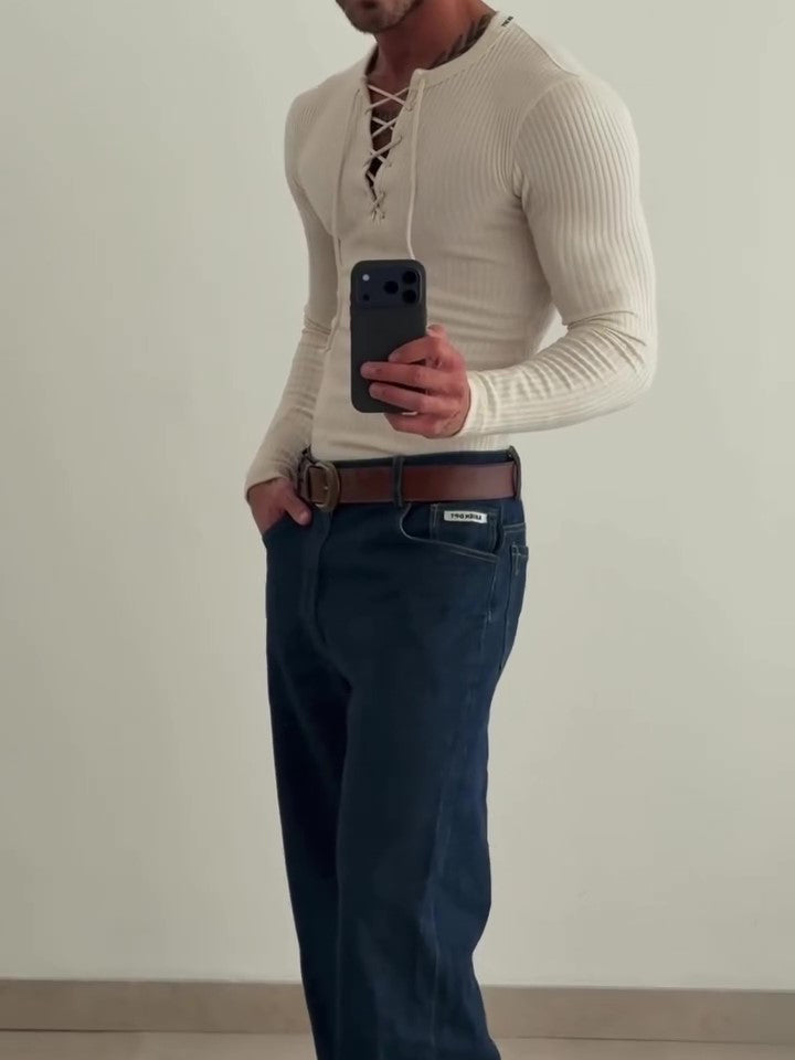 Beige Ribbed Knit Lace-Up V-Neck Long Sleeve Top