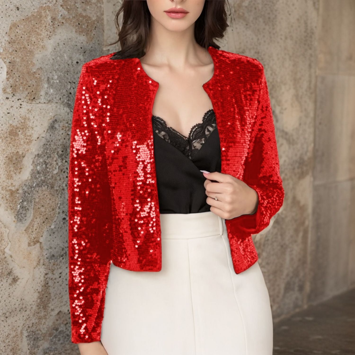 Crew-neck Long-sleeve Solid-color Cardigan Casual Sequin Jacket