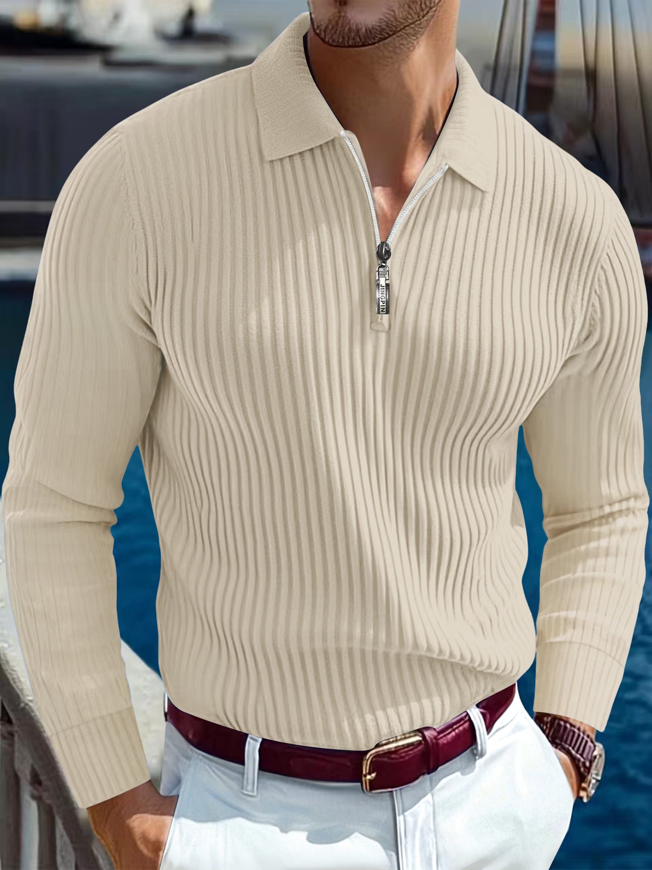 Men's T-shirt With A Turn-down Collar, Buttoned Long-sleeve Polo Shirt
