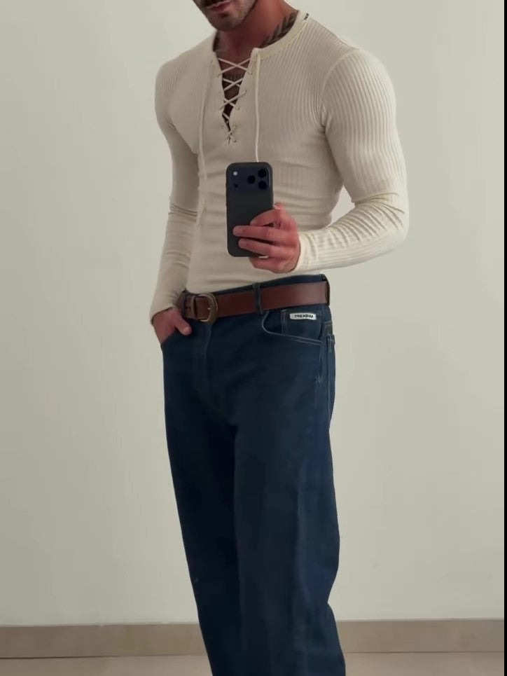 Beige Ribbed Knit Lace-Up V-Neck Long Sleeve Top