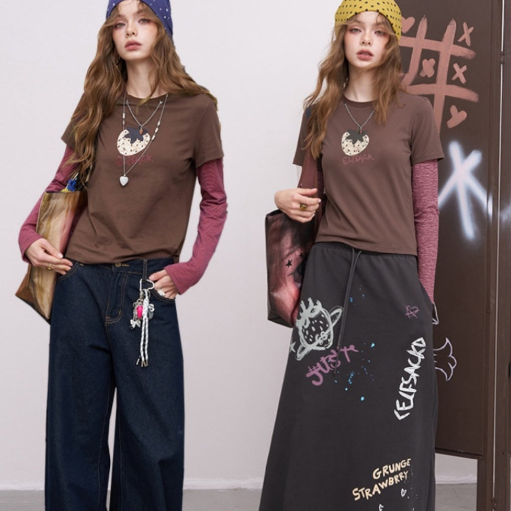 Berry Heart Berry Lung False Two-Piece Retro Strawberry Print Long Sleeve T-Shirt Women's Design Sense Top