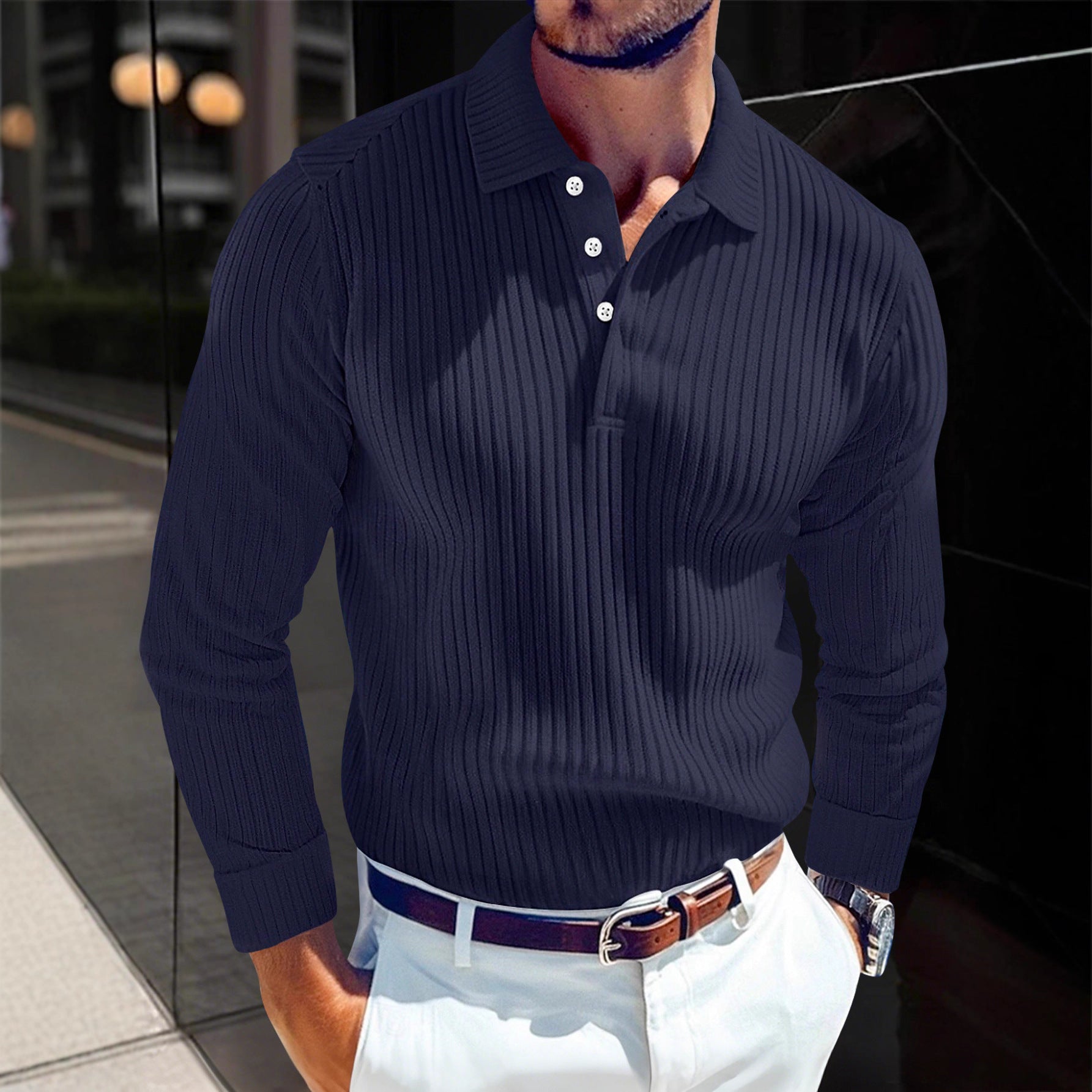 Men's T-shirt With A Turn-down Collar, Buttoned Long-sleeve Polo Shirt