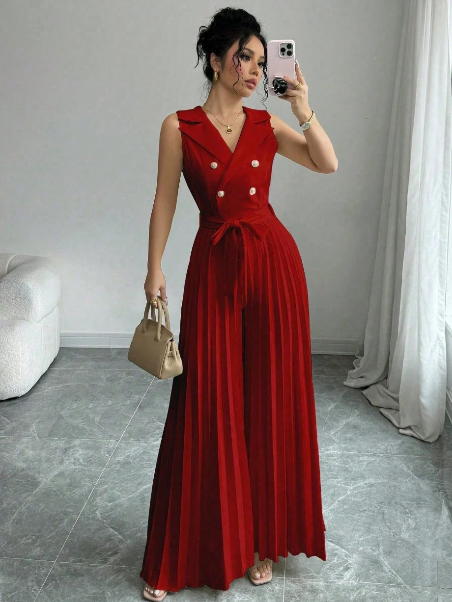 Suit Collar Bow Tie Belted Waist Pleated Jumpsuit