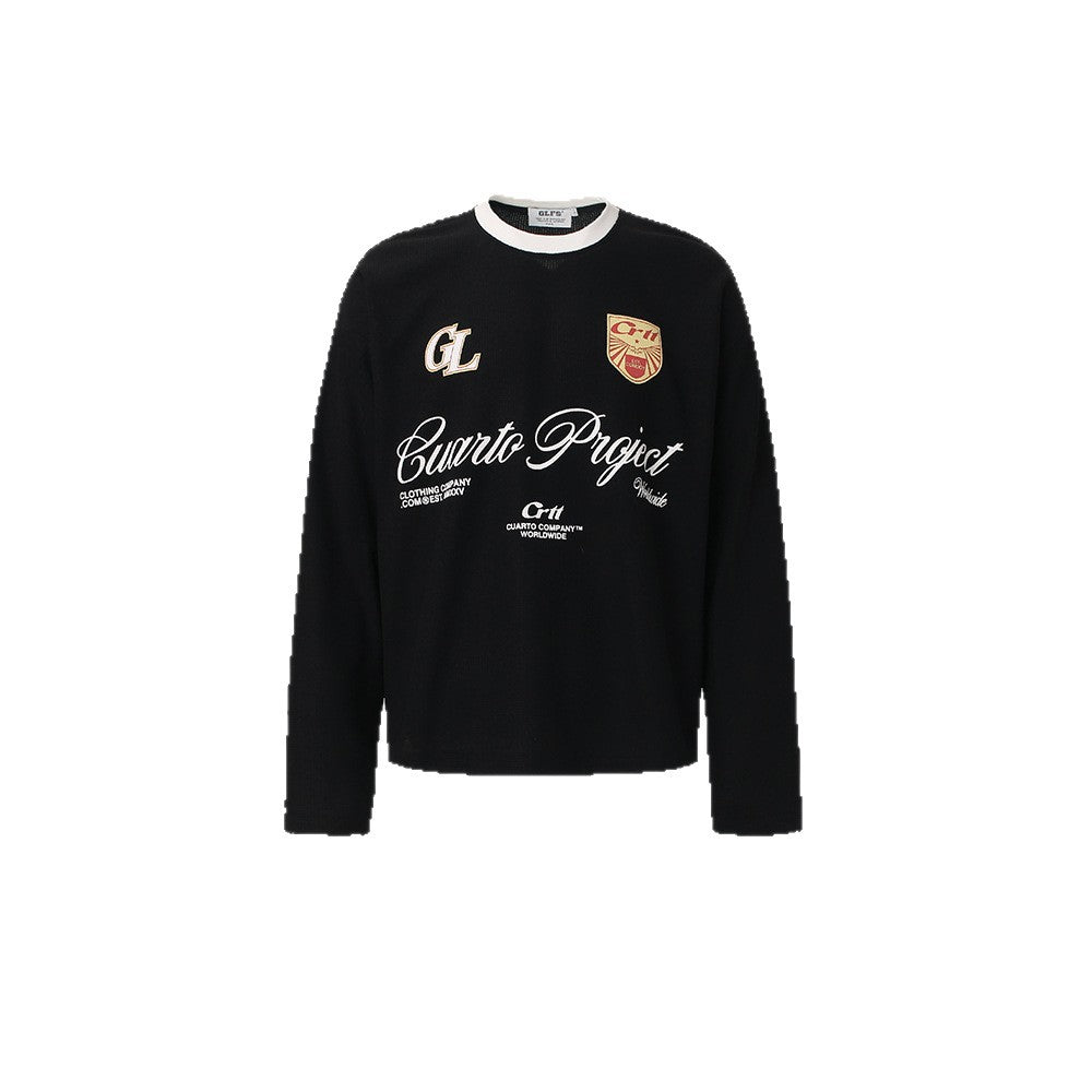 Niche Color-Block Waffle-Knit Men's Minimalist Letter Long-Sleeve Hoodie