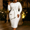 Plus-size White Ruffled Round-neck Long-sleeve Dress With Rhinestone Flower Accents And A Fitted Silhouette