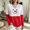 Women Christmas Snowman Print Lace Up V Neck Color Block Long Sleeve Knit Top