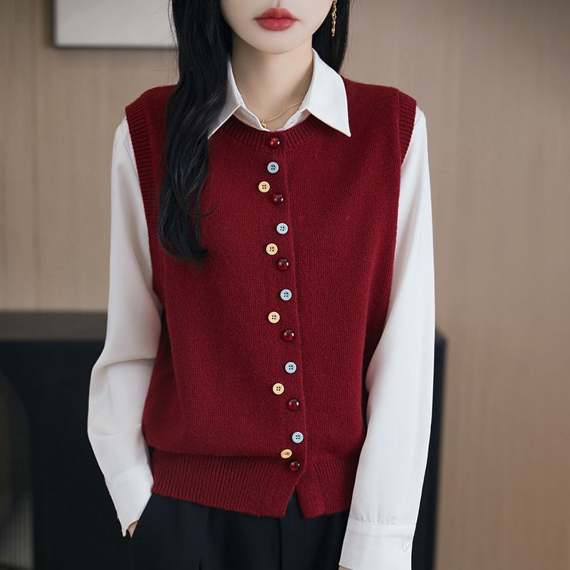 Women's Crew-Neck Knitted Cardigan Vest With Colorful Buttons