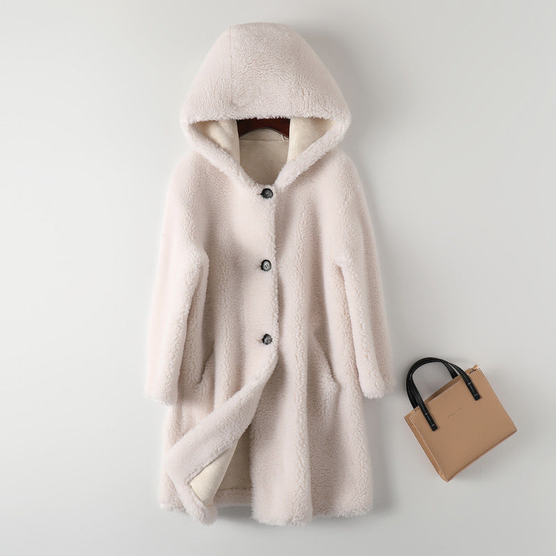 Women's Mid-Length Hooded Coat In Composite Leather And Fur