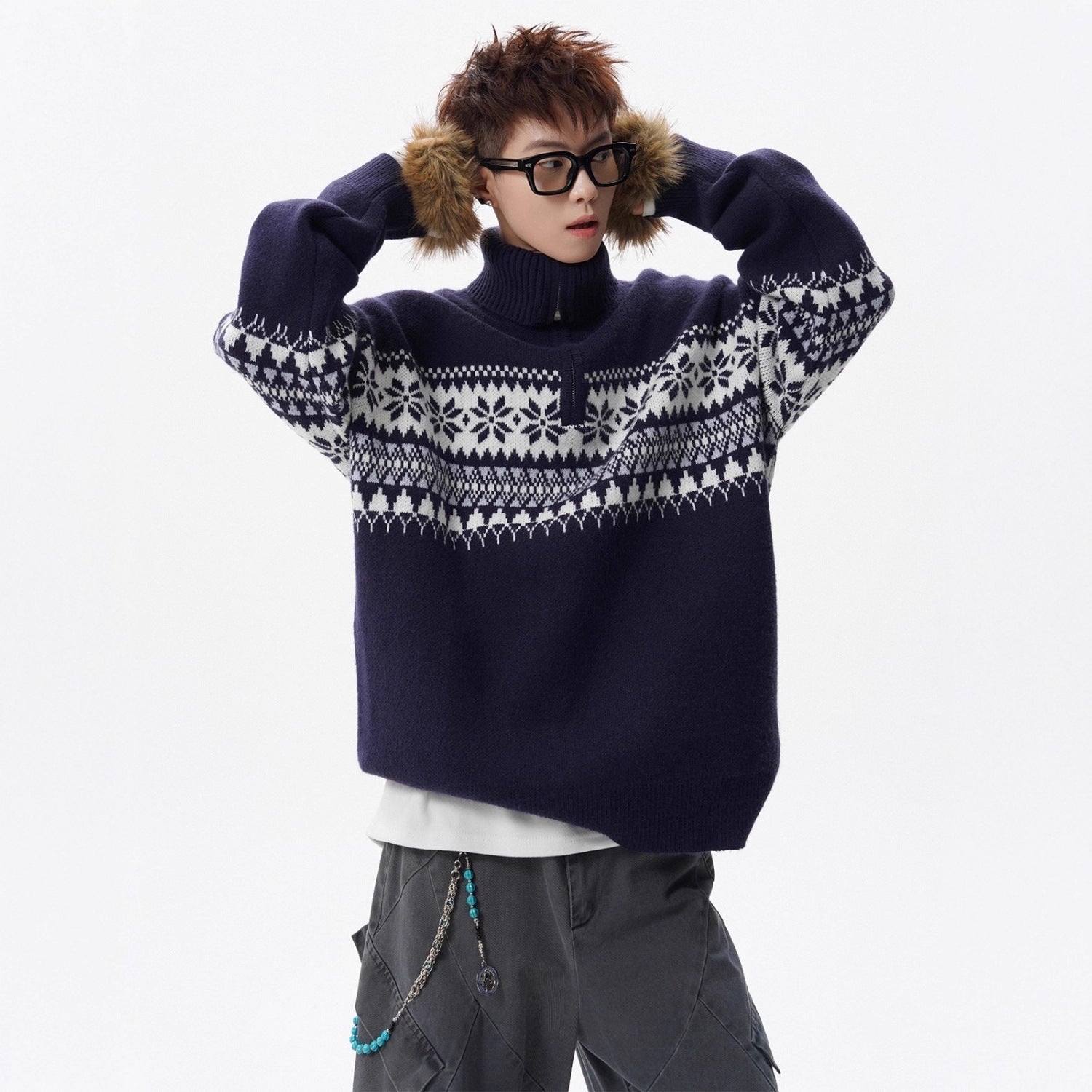 Loose-fitting Knitted Turtleneck Sweater With A Half-zip