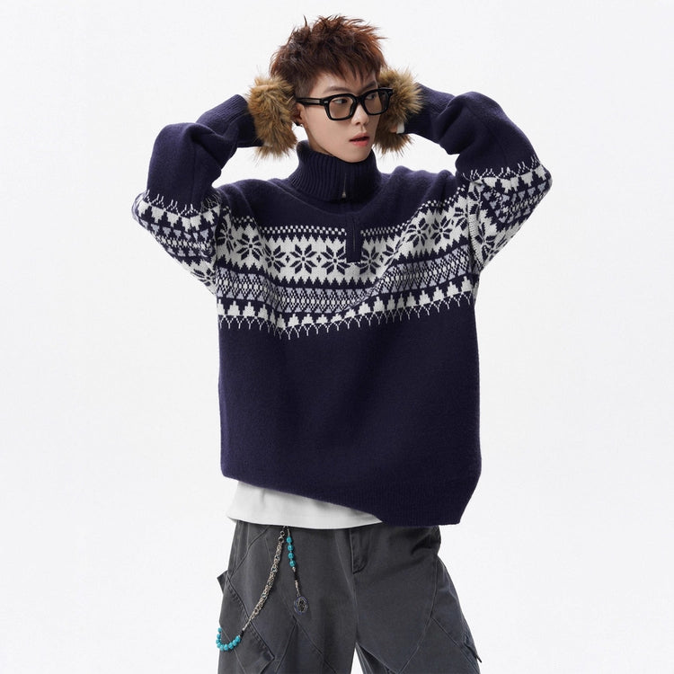 Loose-fitting Knitted Turtleneck Sweater With A Half-zip TRENDFLOW