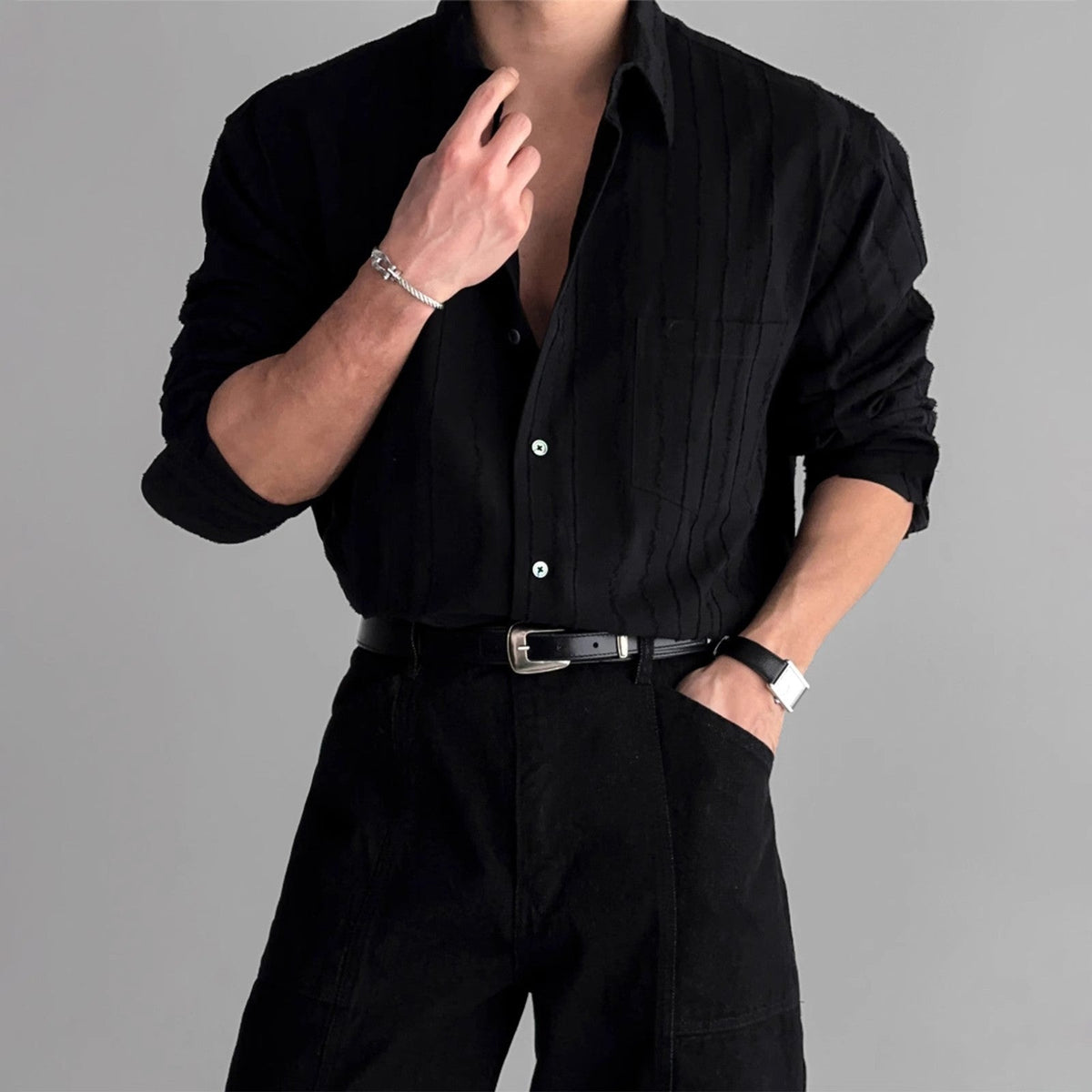 New High-end Textured Wide Solid Color Thin Pocket Long Sleeve Shirt TRENDFLOW