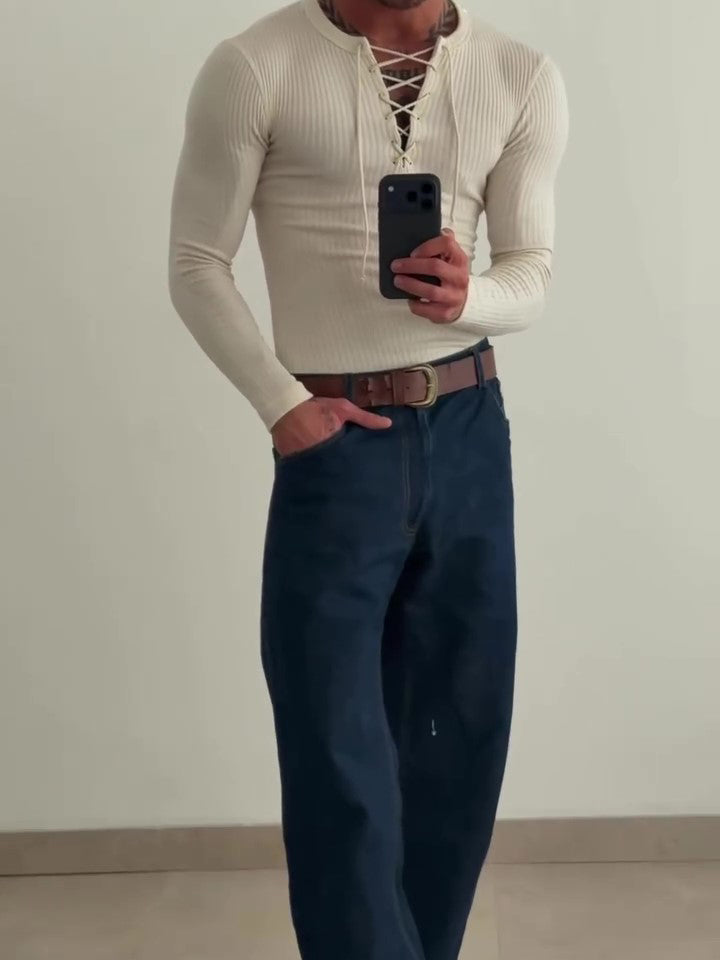 Beige Ribbed Knit Lace-Up V-Neck Long Sleeve Top