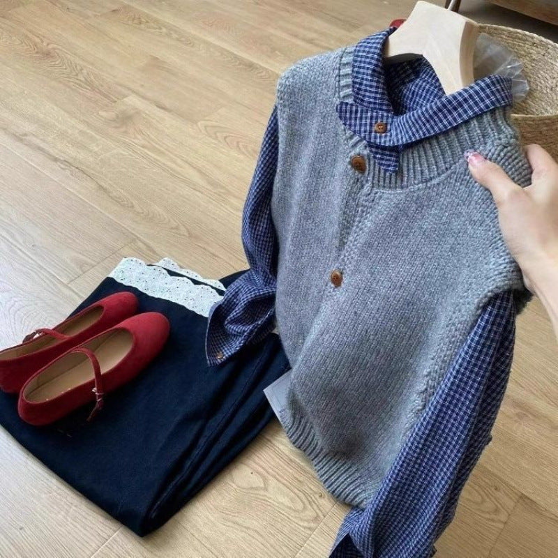 Blue Plaid Shirt Knitted Vest Two-piece Casual