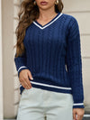 Spring And Autumn Temperament V-neck Pullover White Edge Long Sleeve Sweater Cross-border Foreign Trade Women's Twist Thread All-match Knitted Top
