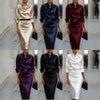 2026 New Model On Independent Sites, Wish, And Amazon Summer Waist-Cinching Slimming Satin High-End Long-Sleeve Dress For Women