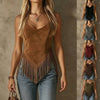 Women's Faux Suede Fringe Tank Top V Neck Sleeveless Cowgirl Boho Tassel Cami For Country Concert